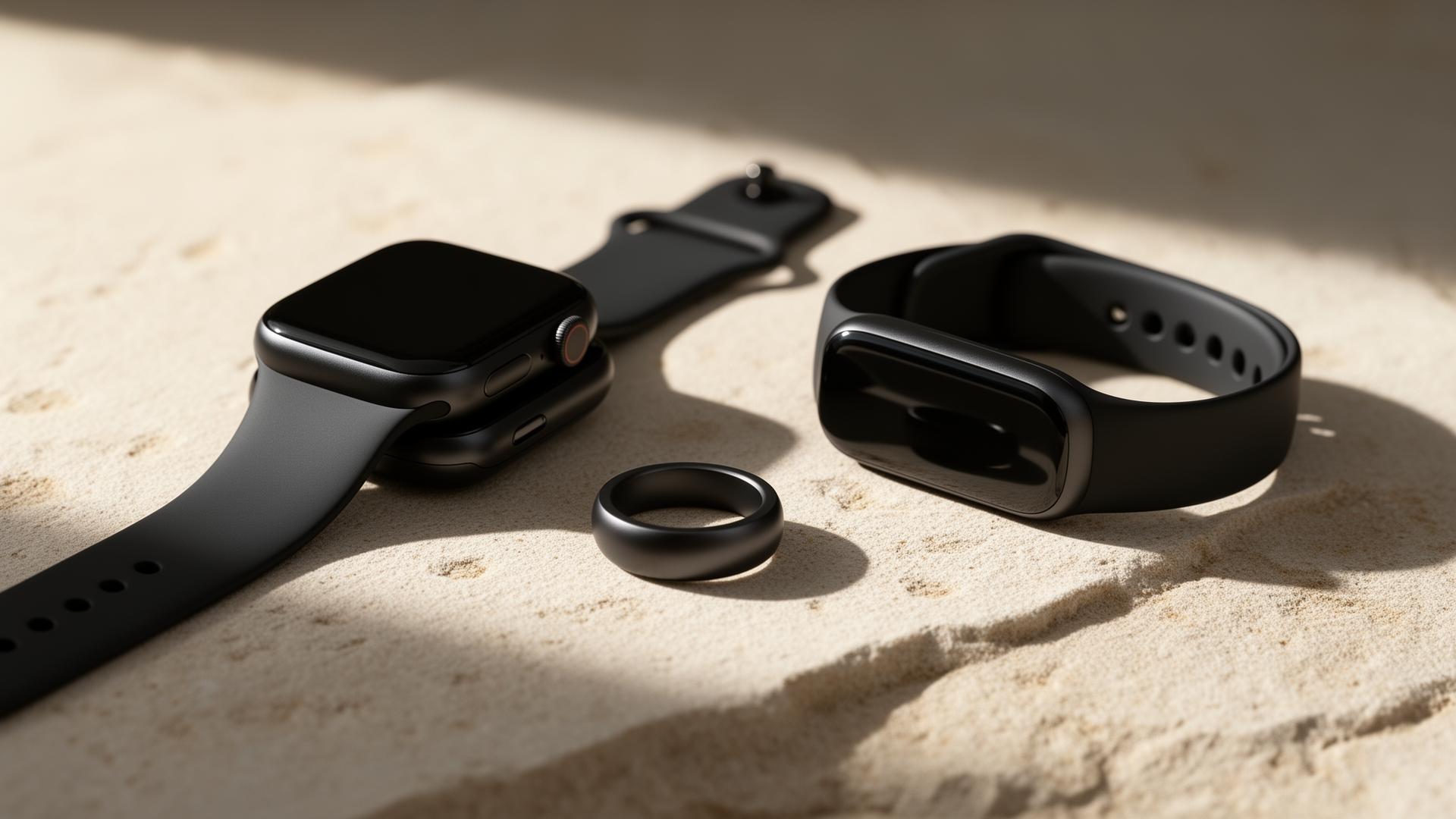 Smartwatch, smartband e smart ring sobre superfície neutra